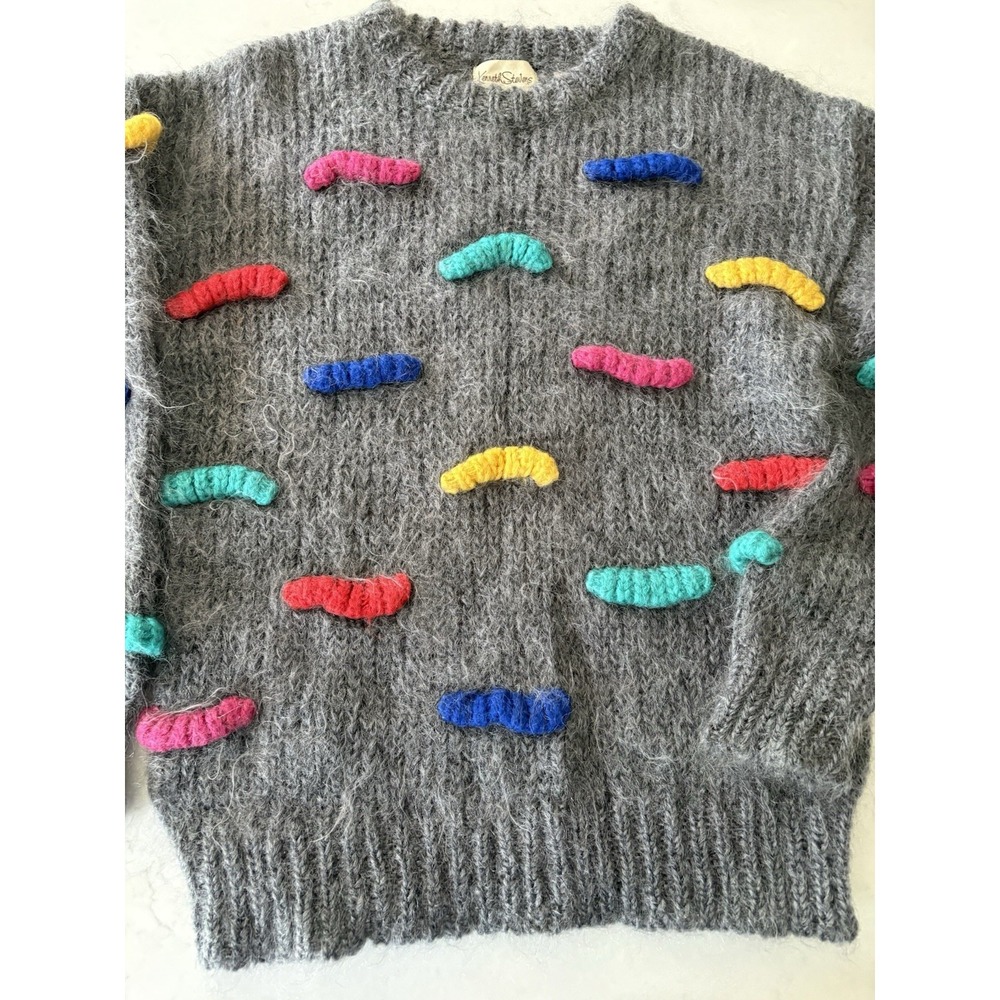 Vintage Kenneth Stevens Womens S Mohair‎ 3-D Caterpillar Sweater Oversized Gray